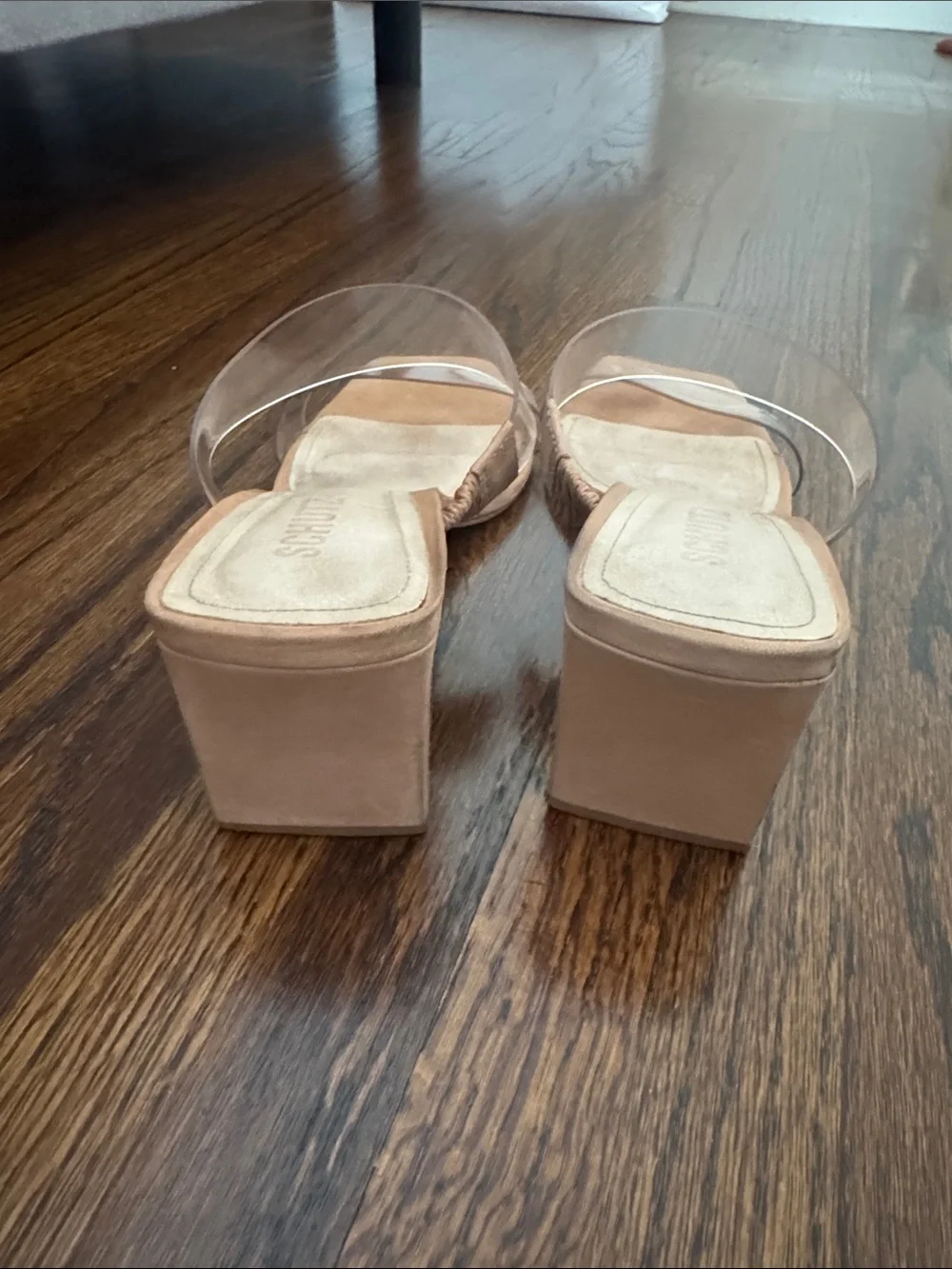 SCHUTZ Clear Strap Tan Square Toe Mules